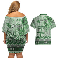 Vintage Bula Fiji Personalised Couples Matching Off Shoulder Short Dress and Hawaiian Shirt Green Hibiscus Tapa Pattern LT9 - Polynesian Pride
