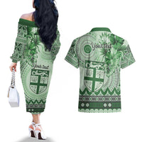 Vintage Bula Fiji Personalised Couples Matching Off The Shoulder Long Sleeve Dress and Hawaiian Shirt Green Hibiscus Tapa Pattern LT9 - Polynesian Pride