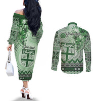 Vintage Bula Fiji Personalised Couples Matching Off The Shoulder Long Sleeve Dress and Long Sleeve Button Shirt Green Hibiscus Tapa Pattern LT9 - Polynesian Pride