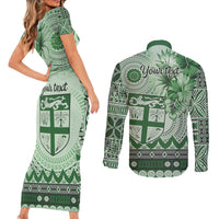 Vintage Bula Fiji Personalised Couples Matching Short Sleeve Bodycon Dress and Long Sleeve Button Shirt Green Hibiscus Tapa Pattern LT9 - Polynesian Pride