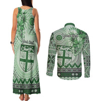 Vintage Bula Fiji Personalised Couples Matching Tank Maxi Dress and Long Sleeve Button Shirt Green Hibiscus Tapa Pattern LT9 - Polynesian Pride
