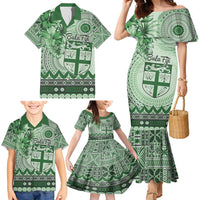 Vintage Bula Fiji Personalised Family Matching Mermaid Dress and Hawaiian Shirt Green Hibiscus Tapa Pattern LT9 - Polynesian Pride
