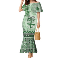 Vintage Bula Fiji Personalised Family Matching Mermaid Dress and Hawaiian Shirt Green Hibiscus Tapa Pattern LT9 Mom's Dress Green - Polynesian Pride