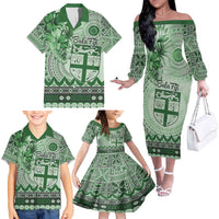 Vintage Bula Fiji Personalised Family Matching Off The Shoulder Long Sleeve Dress and Hawaiian Shirt Green Hibiscus Tapa Pattern LT9 - Polynesian Pride