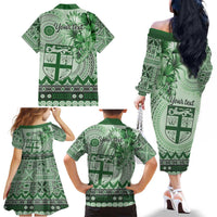 Vintage Bula Fiji Personalised Family Matching Off The Shoulder Long Sleeve Dress and Hawaiian Shirt Green Hibiscus Tapa Pattern LT9 - Polynesian Pride