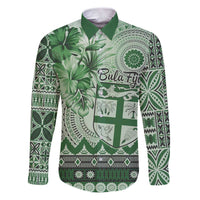 Vintage Bula Fiji Personalised Family Matching Puletasi and Hawaiian Shirt Green Hibiscus Tapa Pattern LT9 Dad's Shirt - Long Sleeve Green - Polynesian Pride