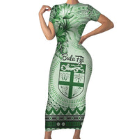 Vintage Bula Fiji Personalised Family Matching Short Sleeve Bodycon Dress and Hawaiian Shirt Green Hibiscus Tapa Pattern LT9 Mom's Dress Green - Polynesian Pride