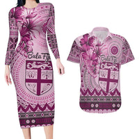 Vintage Bula Fiji Personalised Couples Matching Long Sleeve Bodycon Dress and Hawaiian Shirt Pink Hibiscus Tapa Pattern LT9 Pink - Polynesian Pride