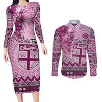 Vintage Bula Fiji Personalised Couples Matching Long Sleeve Bodycon Dress and Long Sleeve Button Shirt Pink Hibiscus Tapa Pattern LT9 Pink - Polynesian Pride