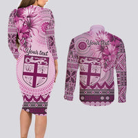Vintage Bula Fiji Personalised Couples Matching Long Sleeve Bodycon Dress and Long Sleeve Button Shirt Pink Hibiscus Tapa Pattern LT9 - Polynesian Pride