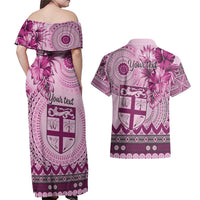 Vintage Bula Fiji Personalised Couples Matching Off Shoulder Maxi Dress and Hawaiian Shirt Pink Hibiscus Tapa Pattern LT9 - Polynesian Pride