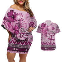 Vintage Bula Fiji Personalised Couples Matching Off Shoulder Short Dress and Hawaiian Shirt Pink Hibiscus Tapa Pattern LT9 Pink - Polynesian Pride