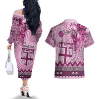 Vintage Bula Fiji Personalised Couples Matching Off The Shoulder Long Sleeve Dress and Hawaiian Shirt Pink Hibiscus Tapa Pattern LT9 - Polynesian Pride