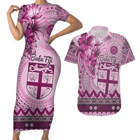 Vintage Bula Fiji Personalised Couples Matching Short Sleeve Bodycon Dress and Hawaiian Shirt Pink Hibiscus Tapa Pattern LT9 Pink - Polynesian Pride