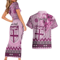Vintage Bula Fiji Personalised Couples Matching Short Sleeve Bodycon Dress and Hawaiian Shirt Pink Hibiscus Tapa Pattern LT9 - Polynesian Pride