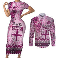 Vintage Bula Fiji Personalised Couples Matching Short Sleeve Bodycon Dress and Long Sleeve Button Shirt Pink Hibiscus Tapa Pattern LT9 Pink - Polynesian Pride
