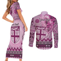 Vintage Bula Fiji Personalised Couples Matching Short Sleeve Bodycon Dress and Long Sleeve Button Shirt Pink Hibiscus Tapa Pattern LT9 - Polynesian Pride