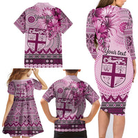 Vintage Bula Fiji Personalised Family Matching Long Sleeve Bodycon Dress and Hawaiian Shirt Pink Hibiscus Tapa Pattern LT9 - Polynesian Pride