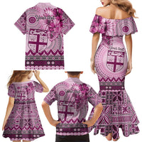 Vintage Bula Fiji Personalised Family Matching Mermaid Dress and Hawaiian Shirt Pink Hibiscus Tapa Pattern LT9 - Polynesian Pride