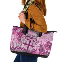 Vintage Bula Fiji Personalised Leather Tote Bag Pink Hibiscus Tapa Pattern LT9