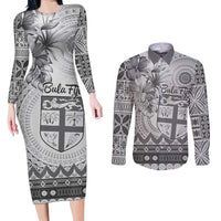 Vintage Bula Fiji Personalised Couples Matching Long Sleeve Bodycon Dress and Long Sleeve Button Shirt Beige Hibiscus Tapa Pattern LT9 White - Polynesian Pride