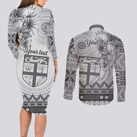 Vintage Bula Fiji Personalised Couples Matching Long Sleeve Bodycon Dress and Long Sleeve Button Shirt Beige Hibiscus Tapa Pattern LT9 - Polynesian Pride