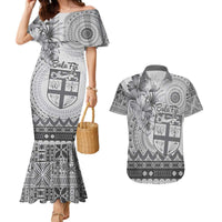 Vintage Bula Fiji Personalised Couples Matching Mermaid Dress and Hawaiian Shirt Beige Hibiscus Tapa Pattern LT9 White - Polynesian Pride