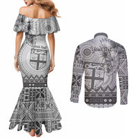 Vintage Bula Fiji Personalised Couples Matching Mermaid Dress and Long Sleeve Button Shirt Beige Hibiscus Tapa Pattern LT9 - Polynesian Pride