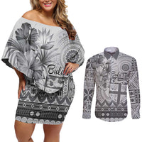 Vintage Bula Fiji Personalised Couples Matching Off Shoulder Short Dress and Long Sleeve Button Shirt Beige Hibiscus Tapa Pattern LT9 White - Polynesian Pride