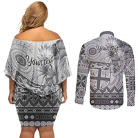 Vintage Bula Fiji Personalised Couples Matching Off Shoulder Short Dress and Long Sleeve Button Shirt Beige Hibiscus Tapa Pattern LT9 - Polynesian Pride