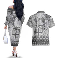 Vintage Bula Fiji Personalised Couples Matching Off The Shoulder Long Sleeve Dress and Hawaiian Shirt Beige Hibiscus Tapa Pattern LT9 - Polynesian Pride