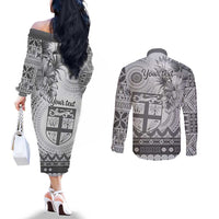Vintage Bula Fiji Personalised Couples Matching Off The Shoulder Long Sleeve Dress and Long Sleeve Button Shirt Beige Hibiscus Tapa Pattern LT9 - Polynesian Pride