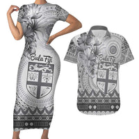 Vintage Bula Fiji Personalised Couples Matching Short Sleeve Bodycon Dress and Hawaiian Shirt Beige Hibiscus Tapa Pattern LT9 White - Polynesian Pride