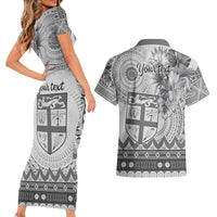 Vintage Bula Fiji Personalised Couples Matching Short Sleeve Bodycon Dress and Hawaiian Shirt Beige Hibiscus Tapa Pattern LT9 - Polynesian Pride