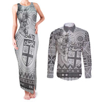 Vintage Bula Fiji Personalised Couples Matching Tank Maxi Dress and Long Sleeve Button Shirt Beige Hibiscus Tapa Pattern LT9 White - Polynesian Pride