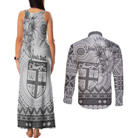 Vintage Bula Fiji Personalised Couples Matching Tank Maxi Dress and Long Sleeve Button Shirt Beige Hibiscus Tapa Pattern LT9 - Polynesian Pride