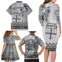 Vintage Bula Fiji Personalised Family Matching Long Sleeve Bodycon Dress and Hawaiian Shirt Beige Hibiscus Tapa Pattern LT9 - Polynesian Pride