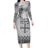 Vintage Bula Fiji Personalised Family Matching Long Sleeve Bodycon Dress and Hawaiian Shirt Beige Hibiscus Tapa Pattern LT9 Mom's Dress White - Polynesian Pride
