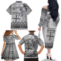 Vintage Bula Fiji Personalised Family Matching Off The Shoulder Long Sleeve Dress and Hawaiian Shirt Beige Hibiscus Tapa Pattern LT9 - Polynesian Pride
