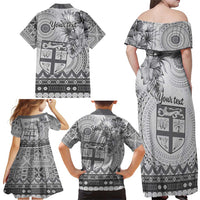 Vintage Bula Fiji Personalised Family Matching Off Shoulder Maxi Dress and Hawaiian Shirt Beige Hibiscus Tapa Pattern LT9 - Polynesian Pride
