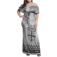 Vintage Bula Fiji Personalised Family Matching Off Shoulder Maxi Dress and Hawaiian Shirt Beige Hibiscus Tapa Pattern LT9 Mom's Dress White - Polynesian Pride