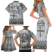 Vintage Bula Fiji Personalised Family Matching Short Sleeve Bodycon Dress and Hawaiian Shirt Beige Hibiscus Tapa Pattern LT9 - Polynesian Pride