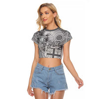 Vintage Bula Fiji Personalised Raglan Cropped T Shirt Beige Hibiscus Tapa Pattern