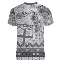 Vintage Bula Fiji Personalised Women V-Neck T-Shirt Beige Hibiscus Tapa Pattern