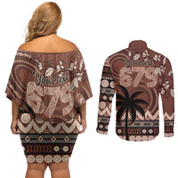 Personalised Bula Fiji 679 Couples Matching Off Shoulder Short Dress and Long Sleeve Button Shirt Fijian Tagimoucia Masi Tapa Art LT9 - Polynesian Pride