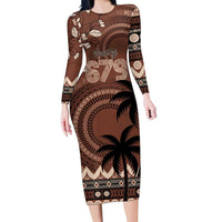 Personalised Bula Fiji 679 Family Matching Long Sleeve Bodycon Dress and Hawaiian Shirt Fijian Tagimoucia Masi Tapa Art LT9 Mom's Dress Brown - Polynesian Pride