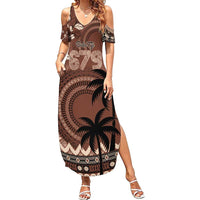Personalised Bula Fiji 679 Family Matching Summer Maxi Dress and Hawaiian Shirt Fijian Tagimoucia Masi Tapa Art LT9 Mom's Dress Brown - Polynesian Pride