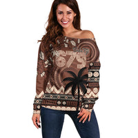Personalised Bula Fiji 679 Off Shoulder Sweater Fijian Tagimoucia Masi Tapa Art LT9 Women Brown - Polynesian Pride