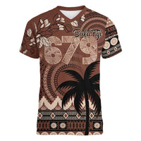 Personalised Bula Fiji 679 Women V-Neck T-Shirt Fijian Tagimoucia Masi Tapa Art LT9 Female Brown - Polynesian Pride
