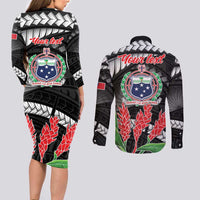 Personalised Samoa 685 Couples Matching Long Sleeve Bodycon Dress and Long Sleeve Button Shirt Teuila Flower With Black Samoan Tattoo LT9 - Polynesian Pride